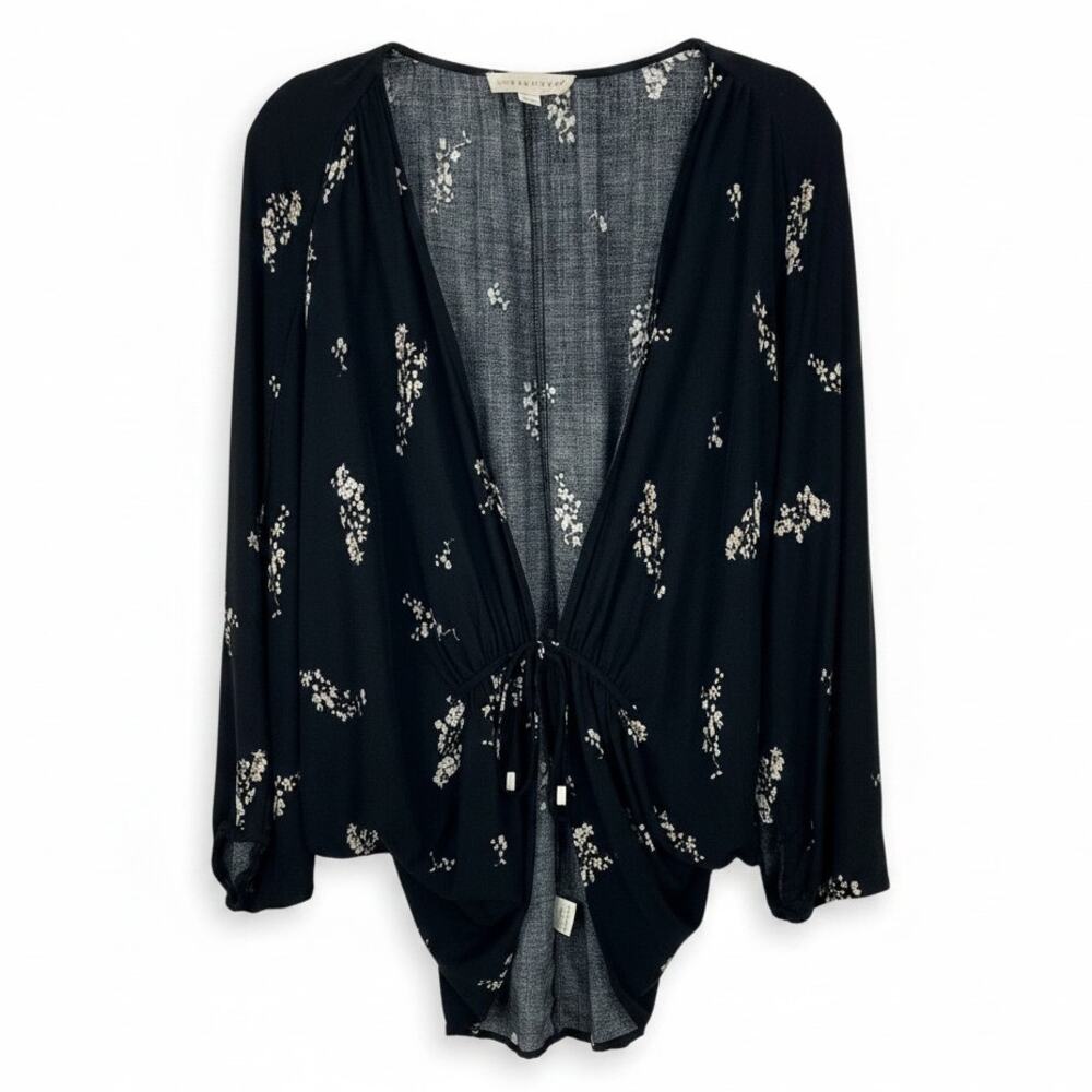 LOVESTITCH Women's TIE-FRONT PEASANT Blouse FLORAL Black Size LARGE